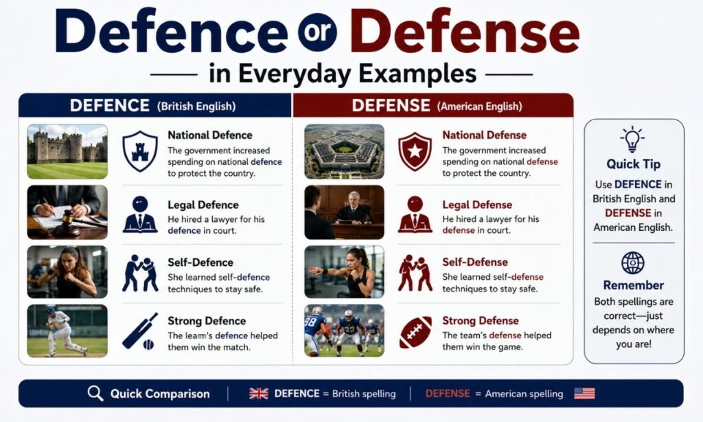 Defence or Defense in Everyday Examples